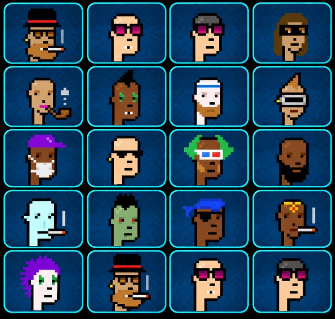 A grid of 20 pixel-art character portraits on blue backgrounds, featuring various stylized faces with different hairstyles, accessories like hats and glasses, and smoking cigarettes.