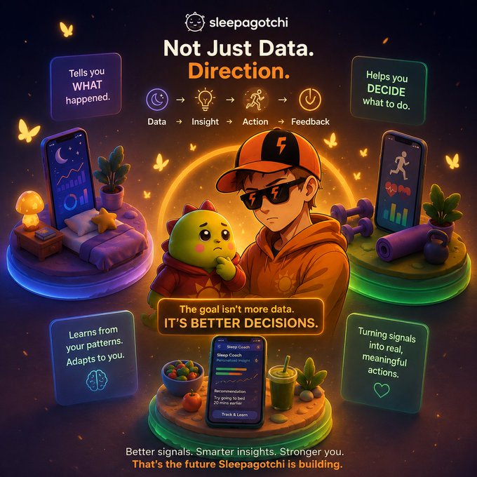 A promotional graphic for 'sleepagotchi' featuring the text 'Not Just Data. Direction.' and illustrating a workflow from Data to Insight to Action to Feedback with a character and a green creature.