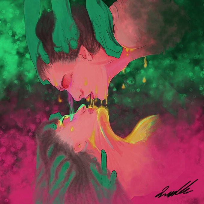 A vibrant digital illustration of two figures with green hands kissing, surrounded by green and pink/magenta colors with yellow liquid dripping, signed by the artist.
