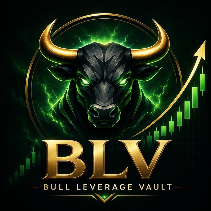 A logo featuring a black bull with glowing green eyes and golden horns, with the text 'BLV BULL LEVERAGE VAULT' displayed in gold below, accompanied by a green candlestick chart showing an upward trend.