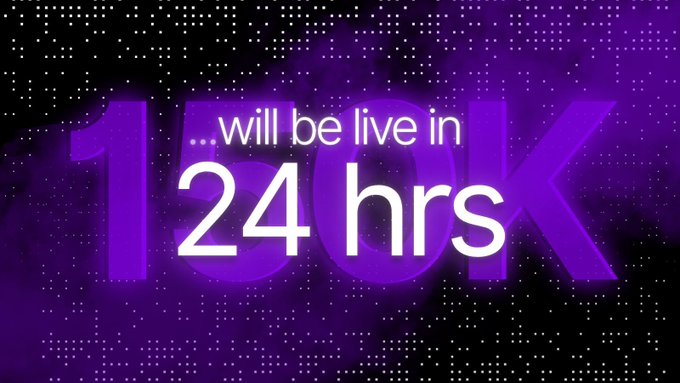 The image features a vibrant purple graphic with the text "...will be live in 24 hrs" displayed prominently over a large "150K" background, creating a countdown teaser for an upcoming event. This visually reinforces the post's excitement about the 150K reward pool campaign launching within 24 hours.