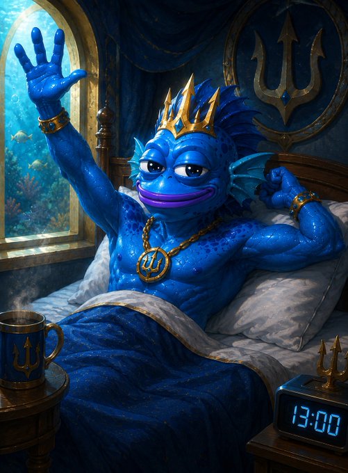 A blue cartoon sea creature king wearing a gold crown and trident pendant stretches in bed, with a digital clock reading 13:00 and a steaming mug on a nightstand beside him.