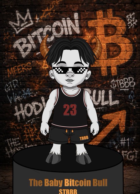An NFT illustration titled 'The Baby Bitcoin Bull' ($TBBB) showing a cartoon character with pixelated sunglasses, horns, and a basketball jersey (#23) standing in front of a graffiti wall with Bitcoin logos.