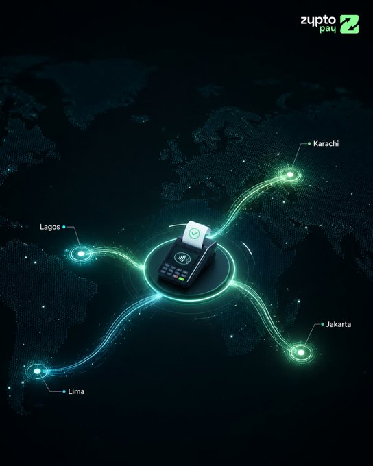 A dark world map graphic branded 'zypto pay Z' showing a central payment terminal connected by glowing lines to cities including Lagos, Karachi, Jakarta, and Lima.