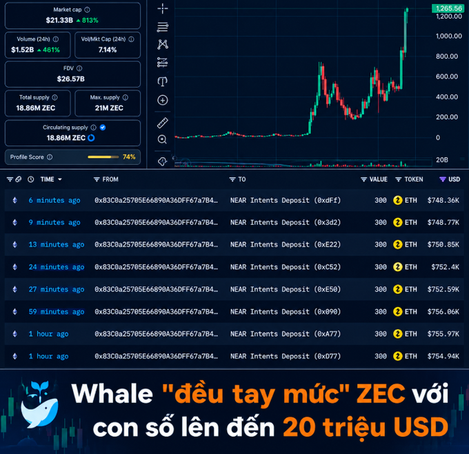 Cryptocurrency trading dashboard showing ZEC (Zcash) with a market cap of $21.33B and 813% increase, displaying multiple NEAR Intents Deposit transactions worth 300 ETH ($748K-$756K), with headline 'Whale "đêu tay mức" ZEC với con số lên đến 20 triệu USD'.