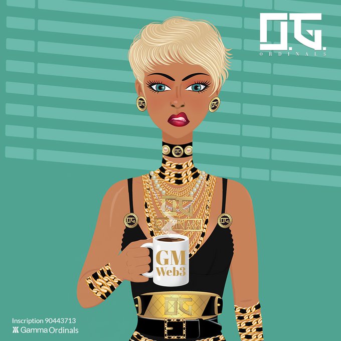 A digital illustration of a blonde woman with blue eyes wearing gold 'DG' jewelry and chains, holding a 'GM Web3' mug, branded as 'DG ORDINALS' with inscription 90443713 and Gamma.Ordinals.