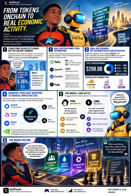 The image is a DeFiPeniel infographic titled "FROM TOKENS ONCHAIN TO REAL ECONOMIC ACTIVITY," dated September 8, 2026, illustrating how stablecoins like USDT ($59% market share) and USDC ($2.9B) generate $298.8B in tokenized assets while showing that 98% of distribution is concentrated among stablecoin-issuing economies, despite only 6.36% in average global cross-border sending costs. The graphic features illustrated characters in futuristic attire and breaks down concepts including Robinhood Chain as financial infrastructure, comparisons between centralized (Coinbase $7.5B) and decentralized ($2.9B) asset capture, and contrasting economic outcomes for distribution, liquidity, users, and value.