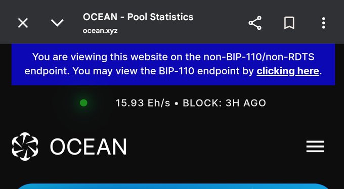 A screenshot of the OCEAN Pool Statistics webpage (ocean.xyz) showing a hash rate of 15.93 Eh/s with a "Block: 3H Ago" timestamp, along with a notification indicating the user is viewing the non-BIP-110/non-RDTS endpoint. This relates to the post's analysis of OCEAN's mining pool statistics during the Bitcoin/Bitcoin Cash hash rate split, specifically reflecting the post-split Bitcoin hash rate (~16 Eh/s).