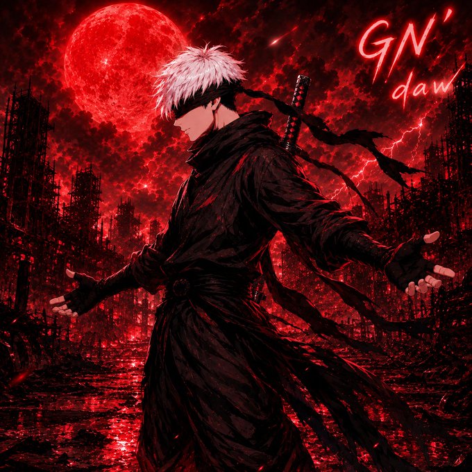 An anime-style illustration depicts a white-haired character in a black coat with a sword on his back, standing against a dramatic red moonlit sky with ruined buildings, featuring the text 'GN' daw' in the corner.