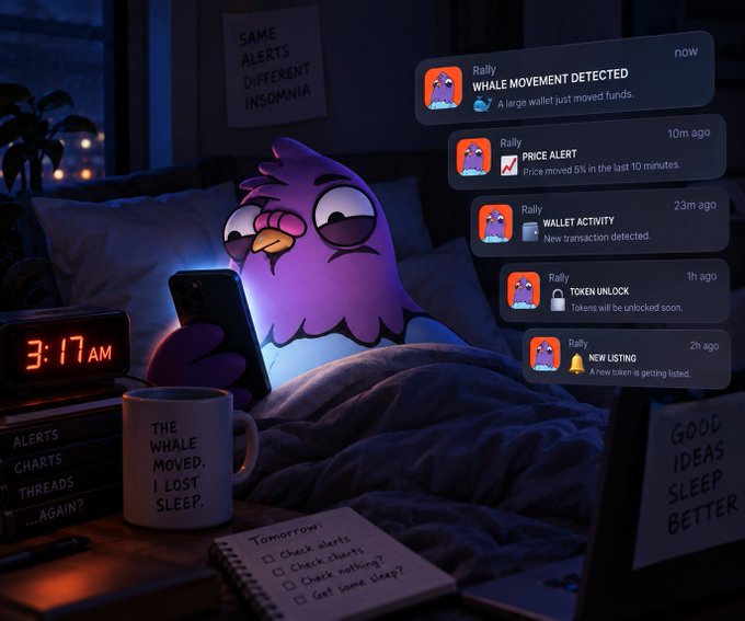 A cartoon purple bird character lies in bed at 3:17 AM illuminated by a phone, displaying notifications about 'WHALE MOVEMENT DETECTED', 'PRICE ALERT', 'WALLET ACTIVITY', 'TOKEN UNLOCK', and 'NEW LISTING', with various humorous notes scattered around.