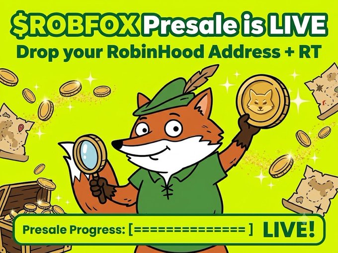 The image is a vibrant green promotional graphic for "$ROBFOX Presale is LIVE," featuring a cartoon fox in a Robin Hood-style hat holding a magnifying glass and a Shiba Inu coin, surrounded by treasure and scrolls. The text instructs viewers to "Drop your RobinHood Address + RT" and displays a "Presale Progress: LIVE!" progress bar, directly matching the post's call-to-action to share an ETH address and retweet within a 6-hour snapshot window.
