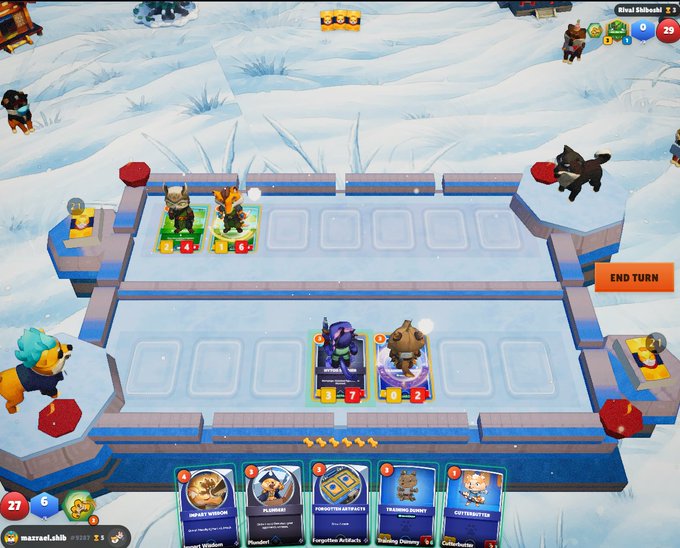 A screenshot of an NFT-based card battle game set on a snowy battlefield, showing units on a grid, cards at the bottom including 'INFEST WINSUN' and 'PLUMBARF', and an 'END TURN' button.