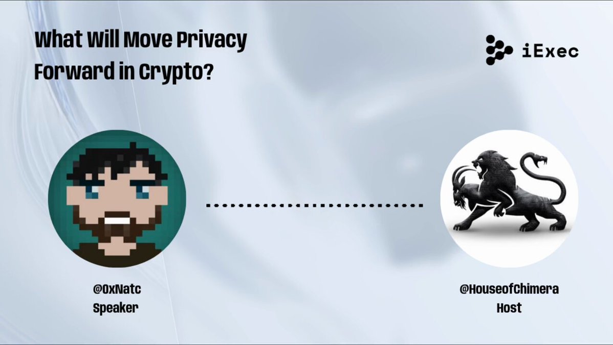 The image shows a man's face, possibly a cartoon character or a person wearing glasses, sitting next to an illustration of a lion. The text above the image reads "What will move privacy forward in crypto?". Below this, there are two lines of text that read "From our recent space with @HouseofChimera & @0xNatc". This suggests that the image is related to a post about privacy and blockchain technology on social media platforms.