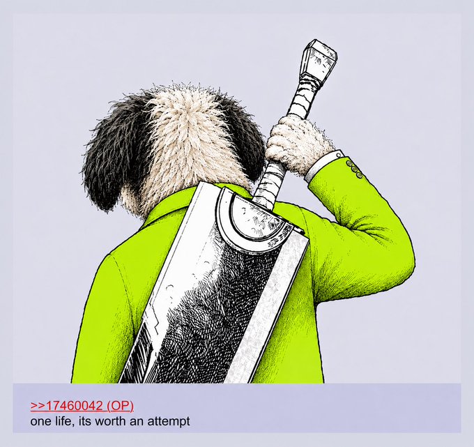 A figure in a green coat carries an oversized sword on their back while walking away, with the caption "one life, its worth an attempt" and the ID ">>174600042 (OP)" below. The image's heroic, battle-ready imagery metaphorically reinforces the post's urgent call to "HOLD Your Bags" in anticipation of a major $DOW announcement.