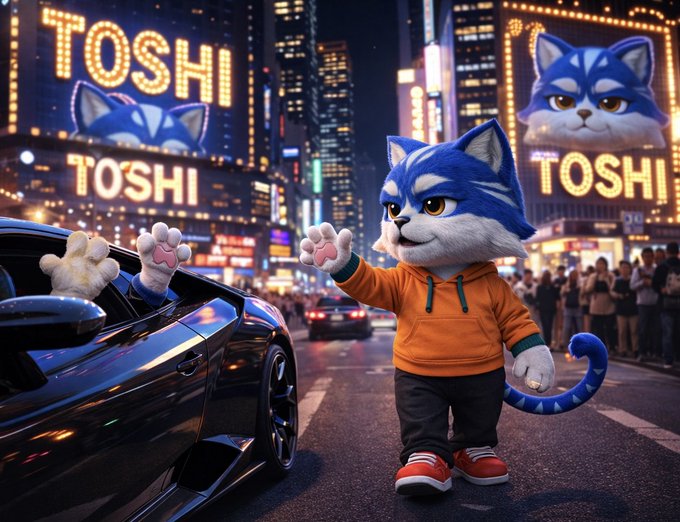 A digital artwork of a blue cat character named 'TOSHI' wearing an orange hoodie and red shoes, standing in a bustling city street at night with car and billboard advertisements for the token.