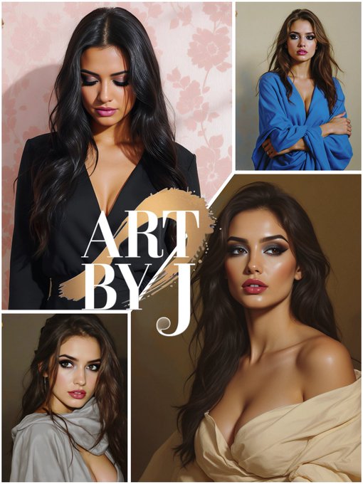 A collage showcasing four glamorous portraits of women with the text "ART BY J" prominently displayed in white serif font over a beige brushstroke background.