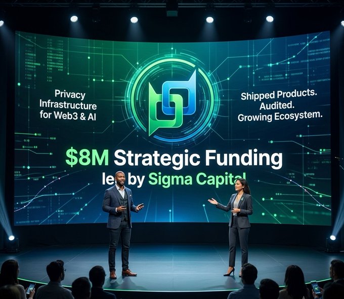 A corporate stage presentation featuring two presenters in front of a large green screen displaying 'Privacy Infrastructure for Web3 & AI', 'Shipped Products. Audited. Growing Ecosystem.', and '$8M Strategic Funding led by Sigma Capital'.