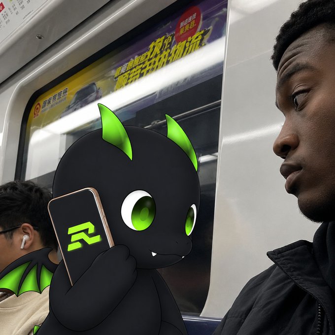 An AI-generated image showing a person on a subway train looking at a black cartoon dragon mascot with green horns holding a smartphone displaying a green 'R' logo.