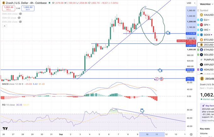 The image displays a TradingView 4-hour chart of Zcash (ZEC/USD) showing a sharp price decline from around $1,100 down to $1,062.92, with technical indicators (MACD and RSI) both pointing sharply downward, visually confirming the "free fall" and panic sell-off described in the caption.
