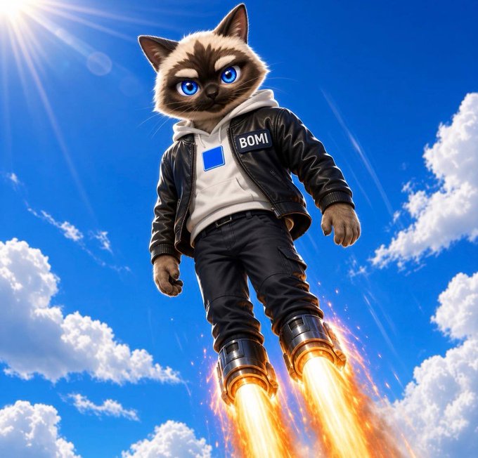 AI-generated image of a Siamese cat wearing a leather jacket with a 'BOMI' patch, white hoodie, and jet boots flying through a cloudy blue sky.