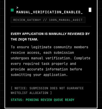 A dark interface screen displays a notice that "MANUAL_VERIFICATION_ENABLED" with "REVIEW_GATEWAY // 100% MANUAL_AUDIT," stating every application is manually reviewed by the ZKQR team, with status "PENDING REVIEW QUEUE READY."