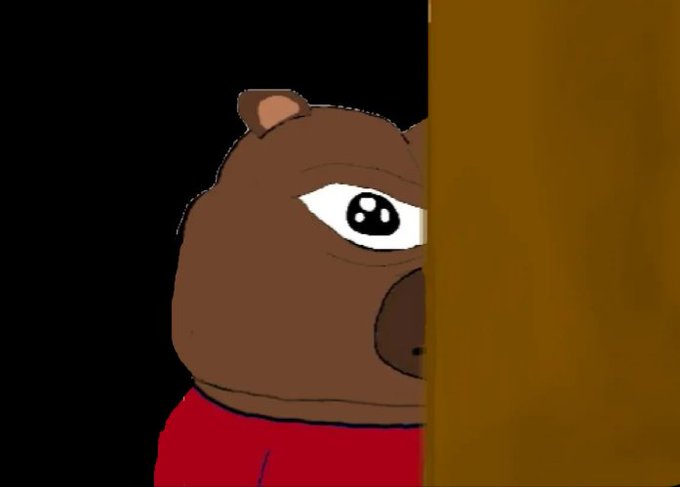 A cartoon brown bear with large watery eyes peers cautiously from behind a wooden doorframe, wearing a red shirt. The image humorously illustrates the post's bearish prediction about XRP crashing below $1.00, evoking the sad, anxious feeling of an investor watching their portfolio decline.