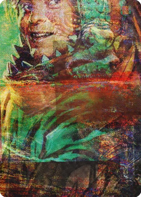A distorted, glitchy digital artwork featuring green, red, and orange colors that appears to depict a figure with a spiked collar, rendered with heavy visual noise and chromatic aberration.