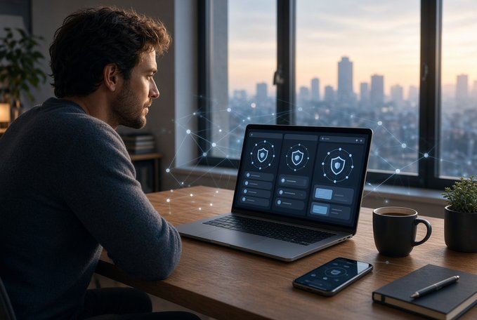 A man working on a laptop displaying security/shield dashboards with connected network graphics, sitting at a desk with a coffee mug and smartphone, overlooking a city skyline at sunset.
