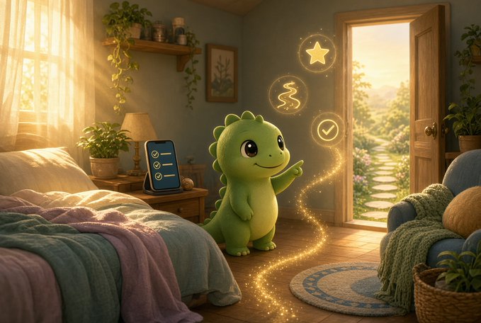 A 3D-rendered green cartoon dinosaur stands in a cozy bedroom next to a smartphone showing a checklist, with a magical golden trail leading to an open door, surrounded by floating icons of a star, dragon, and checkmark.