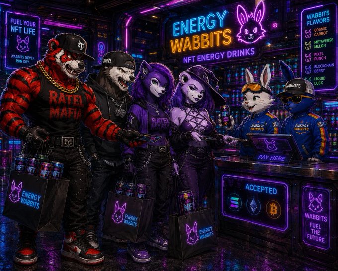 A group of anthropomorphic rat and rabbit mascots pose at a neon-lit "ENERGY WABITS NFT ENERGY DRINKS" checkout counter, holding branded shopping bags, with signage advertising "FUEL YOUR NFT LIFE" and listing flavors like Cosmic Charge, Metaverse Meteor, Pixel Punch, Blockchain Berry, and Liquid Luck. The scene visualizes the post's playful "raid" on the Energy Wabbits shop by the Ratel Mafia, showing the crew repping their merch after picking up @NFTENERGYDRINKS.