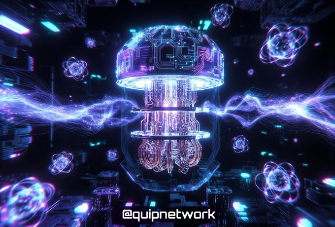 "Key Highlights of @quipnetwork includes the building of a system that uses the power of Quantum Computing, which is a decentralized network designed to democratize access to powerful computing resources while also developing robust post-quantum security solutions". The image features an abstract design with lots of lines and patterns in different colors. It seems to represent technology or science in a creative way and possibly references @quipnetwork's project name as well as the use of Quantum Computing for information processing, cryptography and more.