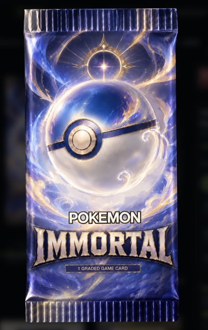 A digital trading card pack with a blue and silver design featuring a Poké Ball, labeled "POKEMON IMMORTAL - 1 GRADED GAME CARD."