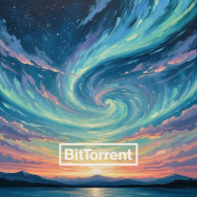A vibrant painted sky swirls above a sunset lake, with the "BitTorrent" logo centered in a white frame, echoing the post's theme of decentralized technology built on open protocols and connected foundations.