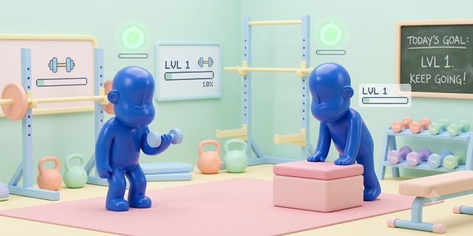 A 3D-rendered blue character works out in a pastel-colored gym, lifting a dumbbell next to another character, with a chalkboard displaying 'TODAY'S GOAL: LVL 1. KEEP GOING!'.