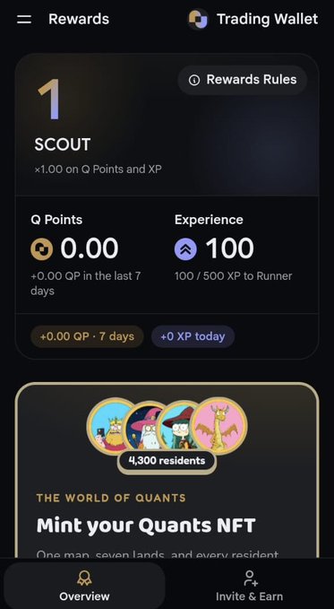 A mobile app screenshot shows a 'Rewards' page for 'Quants,' displaying 'Level 1 SCOUT,' '0.00 Q Points,' '100 Experience,' and a section to 'Mint your Quants NFT.'