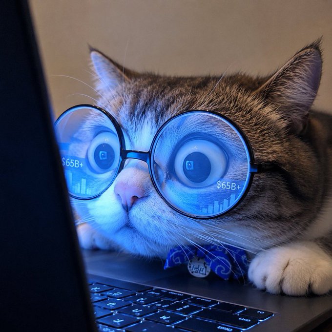 A wide-eyed cat wearing oversized round glasses peers over a glowing laptop keyboard, with "$65B+" text and bar charts reflected in the lenses. The image humorously illustrates the post's message about MEXC's "0808 Stock Season" promo—portraying the cat as a serious investor reviewing the financial symbols (0→8→∞) that signify the exchange's fee promotion.