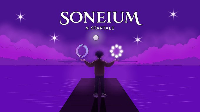The image features a cartoon illustration of a man standing at the edge of a pier, holding up two glowing rings that appear to be made of light. The background of the image is purple with stars scattered throughout, creating an otherworldly atmosphere. The text "Gsoneium x Startale" and "Hand-drawn vibes, pure creativity Built this @soneium × @StartaleApp scene from scratch where imagination meets Web3." are present in the image as well.