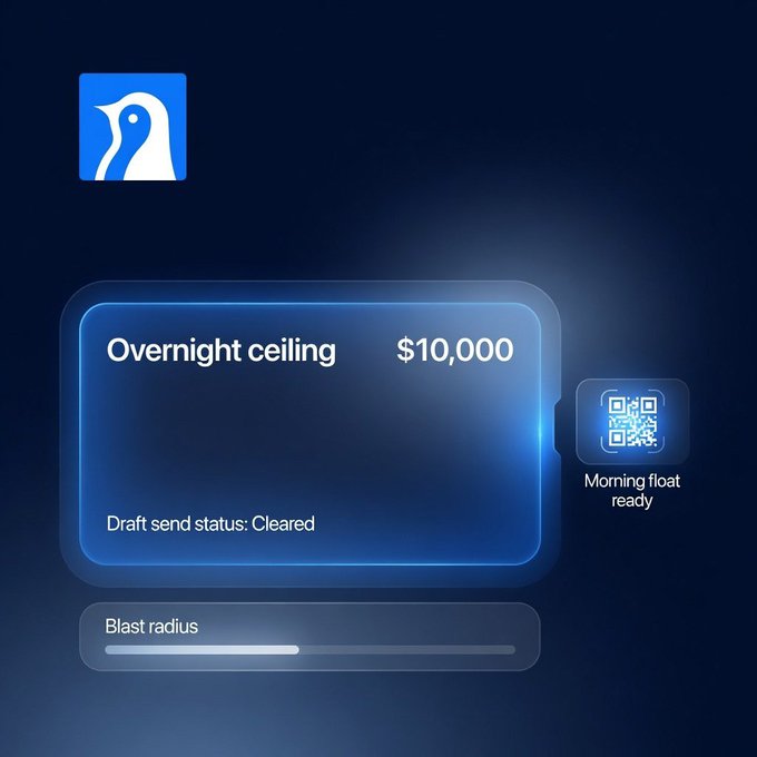 A blue digital dashboard interface showing an 'Overnight ceiling' of $10,000, a 'Draft send status: Cleared' indicator, a 'Blast radius' slider, and a 'Morning float ready' QR code.