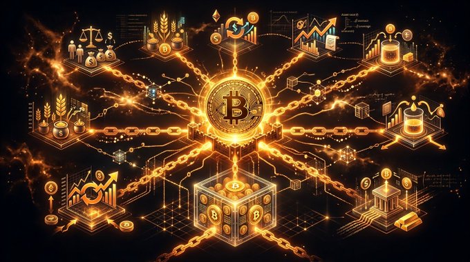 A vibrant digital illustration depicting a glowing Bitcoin symbol at the center, connected by chains and digital circuits to various icons representing finance, cryptocurrency, and data.