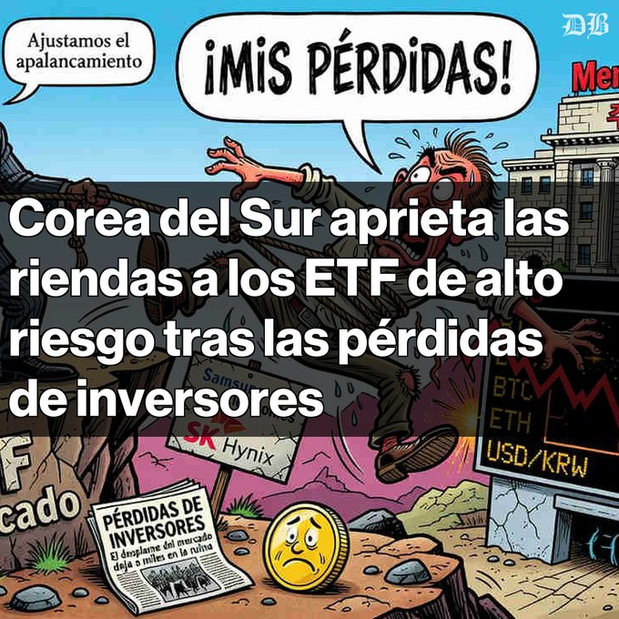 A Spanish-language cartoon illustration about crypto market losses, showing a distressed character shouting '¡MIS PÉRDIDAS!' with text overlay reading 'Corea del Sur aprieta las riendas a los ETF de alto riesgo tras las pérdidas de inversores' and charts showing BTC and USD/KRW drops.