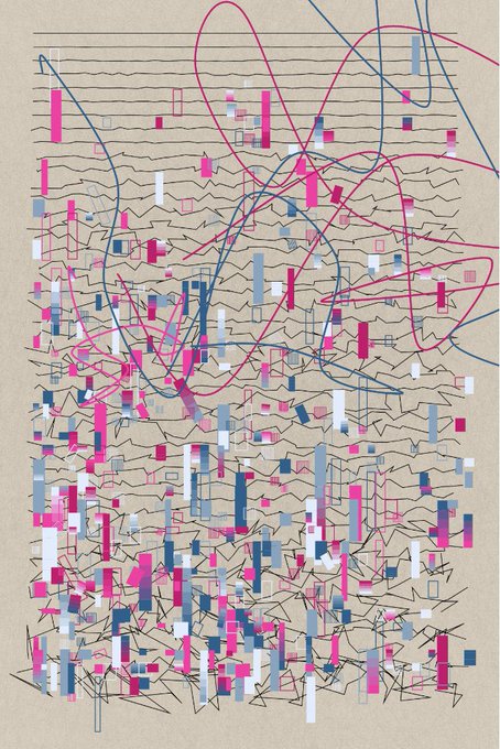 An abstract digital artwork featuring chaotic intersecting red and blue lines over horizontal rows of jagged pink and blue rectangular bars on a beige background.