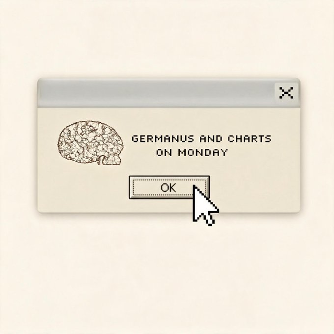 A pop-up window styled like an old Windows dialog box featuring a pixelated brain illustration and the text 'GERMANUS AND CHARTS ON MONDAY' with an 'OK' button being clicked by a cursor.