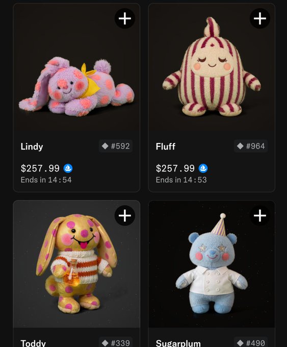 A grid of four plush character listings titled Lindy (#592, $257.99), Fluff (#964, $257.99), Toddy (#339), and Sugarplum (#490) with countdown timers, paired with excitement about a character reveal.