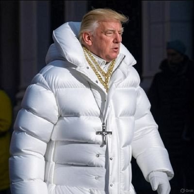 A man in a puffy white winter coat, multiple gold chains, and a large cross necklace stands outdoors with a stern expression. The image conveys a tough, unbothered attitude that humorously matches the post's sentiment of showing up and remaining unaffected regardless of circumstances, like a resilient holder not caring about fluctuating charts.