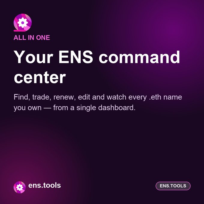 A promotional graphic with a purple gradient background advertising 'Your ENS command center' by ens.tools, an 'ALL IN ONE' platform for managing .eth names.