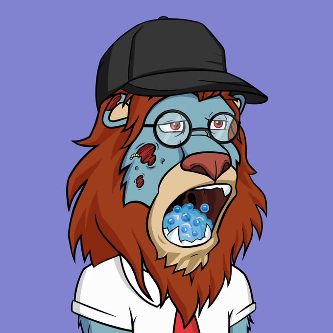 Cartoon illustration of a blue-faced anthropomorphic lion-like character with a red mane, wearing a black cap and round glasses, with an open mouth showing a skull-like tongue.