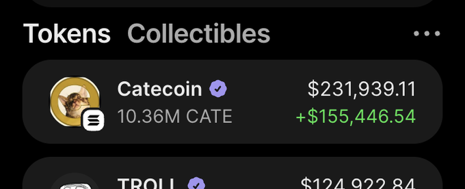 A crypto portfolio screenshot displays a CATE token holding showing a balance of 10.36M CATE (Catecoin) valued at $231,939.11, with a gain of +$155,446.54. The image illustrates the post's claim of a significant profit on a recent $CATE purchase, supporting the user's boast about turning $2,000 into a much larger holding.