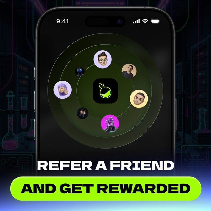 The promotional graphic shows a smartphone displaying an app interface with connected Memoji avatars orbiting a central flask icon, overlaid with the text "REFER A FRIEND AND GET REWARDED." While the post discusses trading the $LAB token at the right time, the image itself promotes a referral rewards program rather than trading activity, suggesting it's being used to incentivize recruiting new users to the $LAB community.