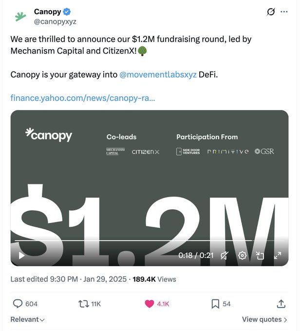 The image features a social media post with a banner at the top that says "Canopy" followed by a list of sponsors, including "Finance", "Yahoo", and "Citizen". The text below the banner reads "Đừng để gọi vốn không có là airdrop lỏ Không gọi vốn, fomo đâu cũng thì lại tung ra 1 loạt big airdrop từ MYX RIVER HYPERLIQUID Nên mình". The post is related to the Canopy fundraiser round, as indicated by the banner and the sponsors' names.