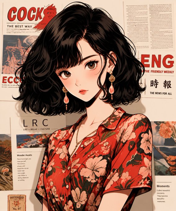 An anime-style illustration of a young woman with short black hair, gold and pink drop earrings, and a red floral shirt, set against a background collage of newspaper clippings including 'COCK' and 'LRC'.